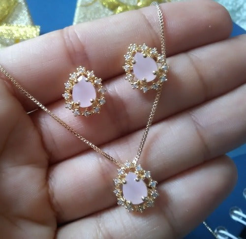 Conjunto Colar E Brinco Gota Pedra Rosê Zirconia F Ouro 18k