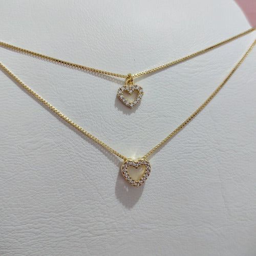 Colar Duplo Coração Micro Zirconia Banhado Ouro Com Garantia