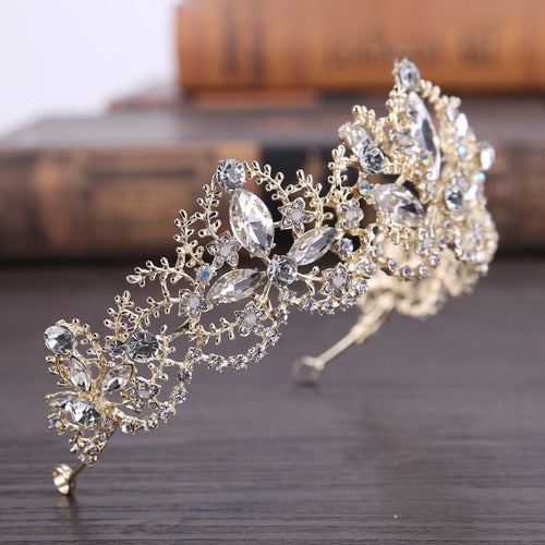 Coroa Tiara Arranjo Cabelo Noiva Strass Dourada Ouro Luxo