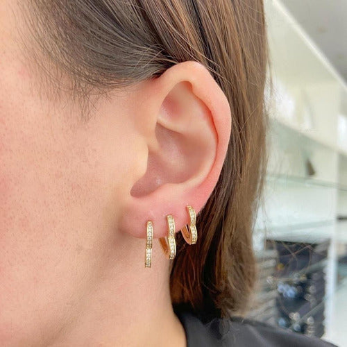 Brinco Argola Pedra Zirconia Coração Dourado F. Ouro 18k
