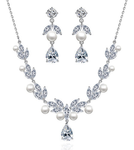 Conjunto Colar Chocker Riviera Brinco Zircônia Pérola Noiva