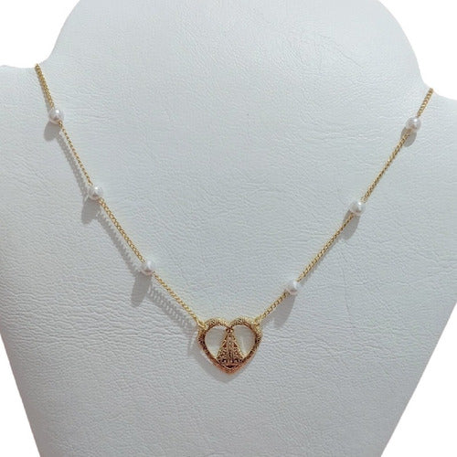 Colar Curto Medalhas N S Aparecida Perola Banhado Ouro 18k
