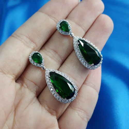 Brinco Pedra Zirconia Prata Festa Gota Verde Debutante