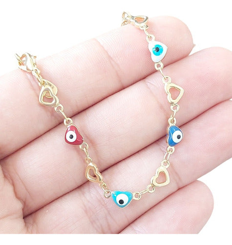 Pulseira Pingente Olho Grego Coração Folheado Ouro 18k