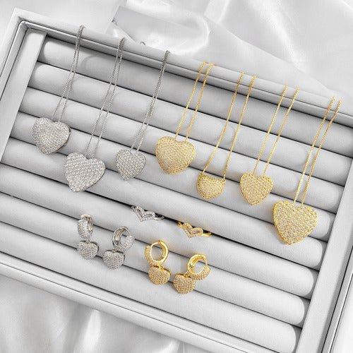 Colar Corrente Pedra Zirconia Coração Semijoia Banho D Rodio