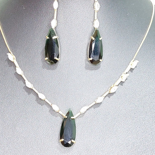 Conjunto Colar E Brinco Pedra Verde Zirconia Gota F Ouro 18k