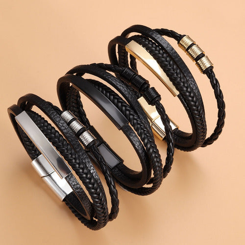 Pulseira Masculina Couro Aço Inox Chapa Gravar Trançado 4x