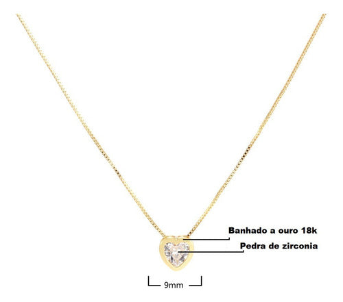Colar Corrente Pedra Zirconia Coração Semijoia Dourado Prata