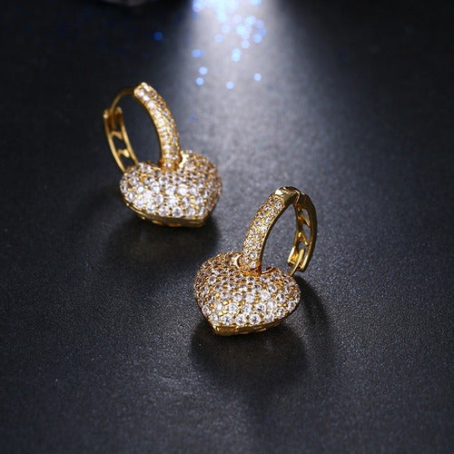 Brinco Argola Pedra Zirconia Coração Dourado F. Ouro 18k