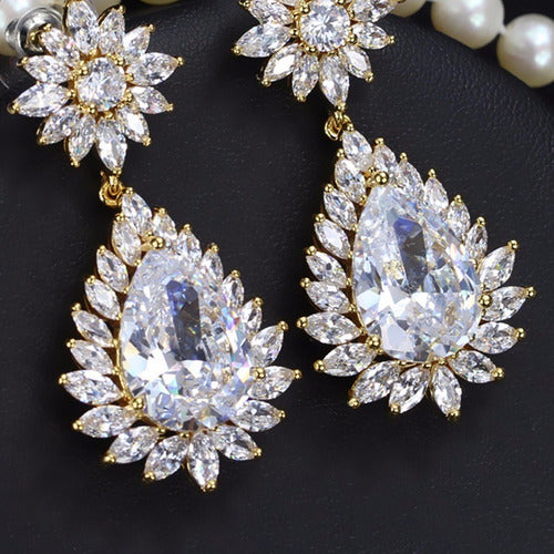 Brinco Noiva Pedra Zirconia Dourado Festa Debutante Gota