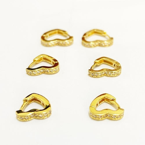 Brinco Argola Pedra Zirconia Coração Dourado F. Ouro 18k