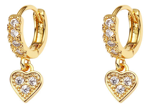Brinco Argola Com Pedra De Zircônia Coração Pendurada F Ouro