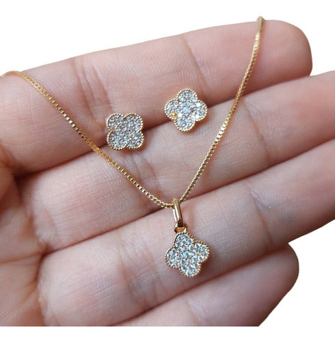 Conjunto Colar Brinco Trevo 4 Folhas Pedra Zircônia Semijoia