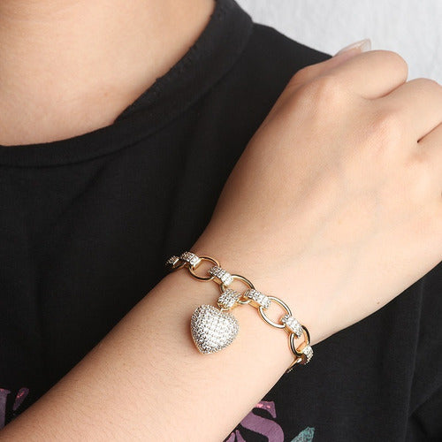 Pulseira Bracelete F. Ouro 18k Com Zircônia Pingente Coração