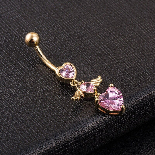 Piercing De Umbigo Dourado Zirconia Coração Pendurado Ouro