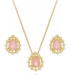 Conjunto Colar E Brinco Gota Pedra Rosê Zirconia F Ouro 18k