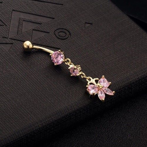 Piercing De Umbigo Pendurado Dourado Borboleta Zirconia Aço