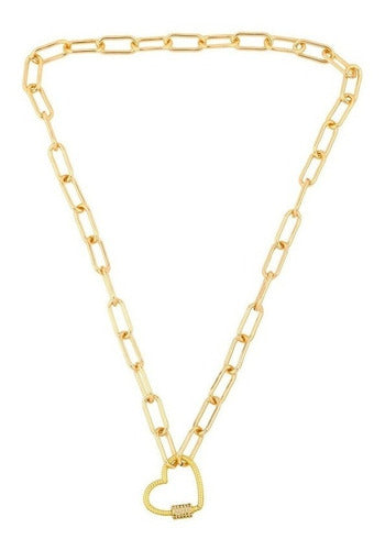 Colar Coração Mosquetão Moda Dourado Pedra Zirconia