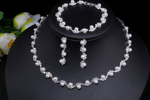 Conjunto Colar Brinco Pulseira Strass Pérola Noiva Festa
