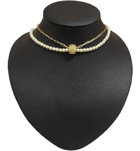 Colar Pérola Noiva Pedra Zirconia Folheado Ouro Semi Joia