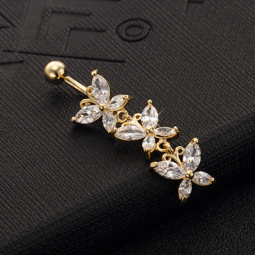 Piercing De Umbigo Dourado Ouro Pendurado Zirconia Borboleta