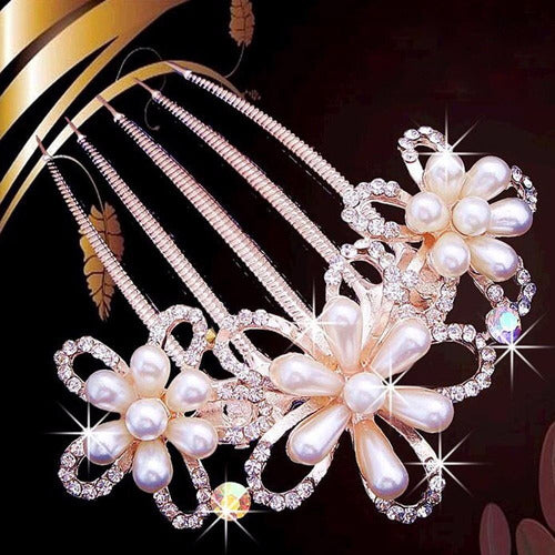 Arranjo Enfeite Cabelo Noiva Dama Dourado Strass Perola Ouro