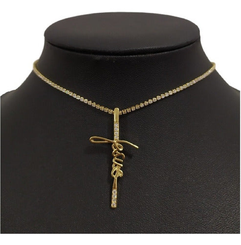 Colar Riviera Cruz Crucifixo Jesus Zirconia F. Ouro 18k