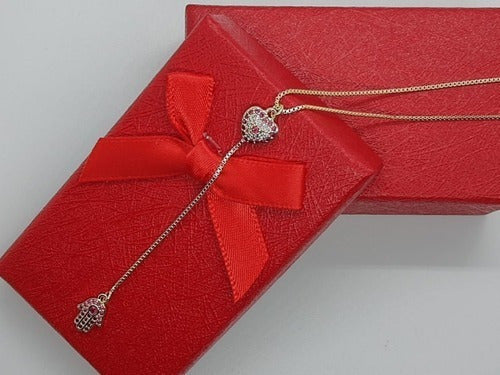 Colar Gravatinha Zirconia Prata Mão De Fátima Rubi Vermelho