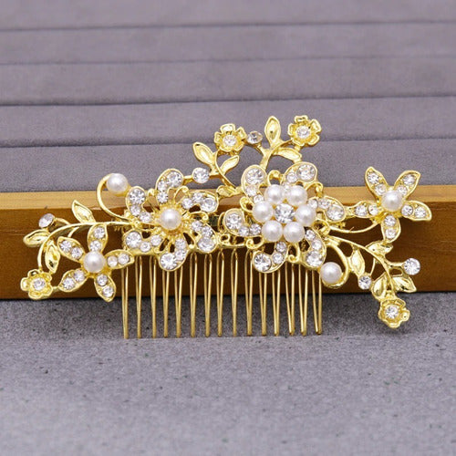 Arranjo Enfeite Aplique Cabelo Noiva Dourado Strass Perola