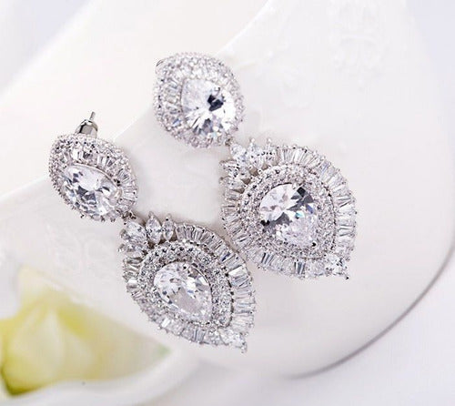 Brinco Noiva Pedra Zirconia Prata Debutante Pendurado Gota