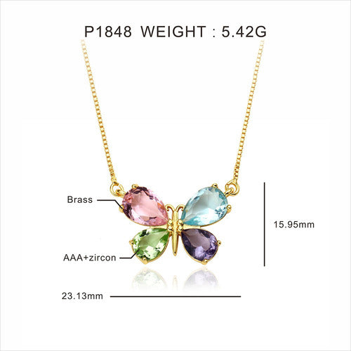 Colar Brinco Borboleta Pedra Zirconia Colorido Banhado Ouro
