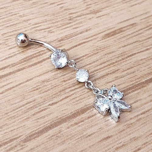 Piercing De Umbigo Pendurado Prata Borboleta Zirconia Aço