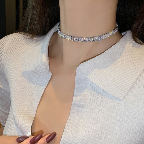 Colar Chocker Noiva Pedra Zirconia Prata Semi Joia Debutante