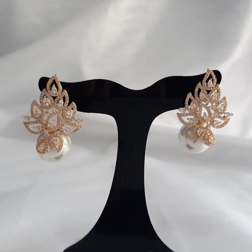 Brinco Noiva Zirconia E Pérola Dourado F Ouro Delicado Luxo
