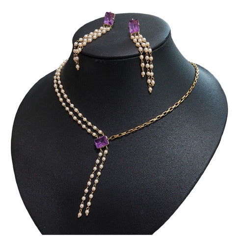 Conjunto Colar E Brinco Zircônia Pérola Rosa Lilás Festa