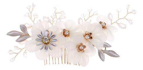Arranjo Cabelo Noiva Dourado Stras Pérola Flor Tecido Branco