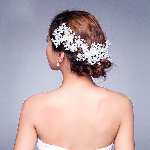 Enfeite Arranjo Tiara Cabelo Noiva Perola Cristal Prata