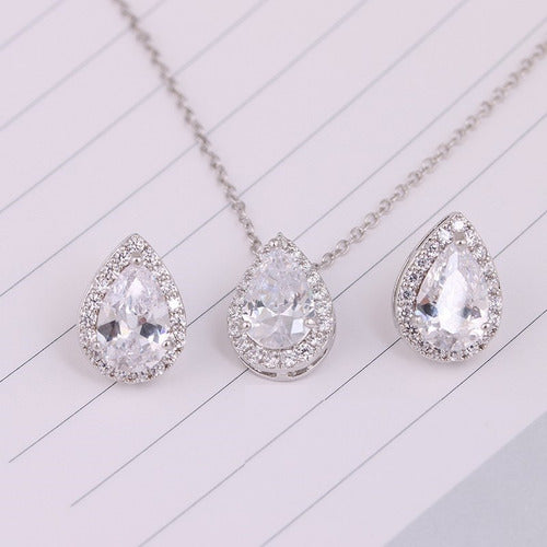 Conjunto Colar Brinco Noiva Pedra Zirconia Prata Dourad Gota