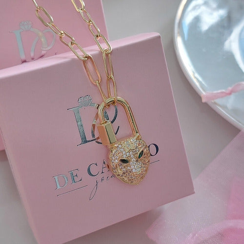 Colar Corrente Leopardo Mosquetão Pedra Zirconia Semi Joia