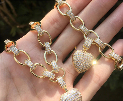 Pulseira Bracelete F. Ouro 18k Com Zircônia Pingente Coração