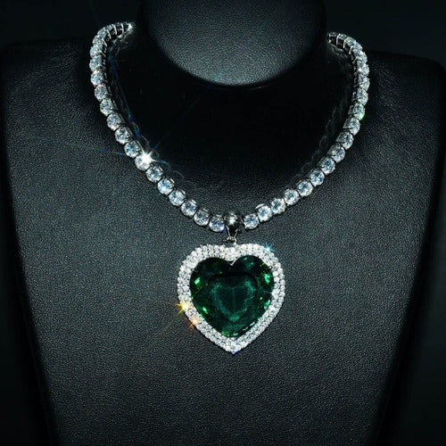 Colar Pedra Zirconia Coração Grande Titanic Verde Azul Luxo