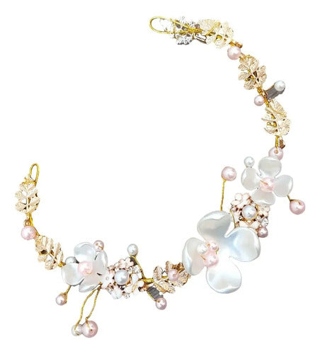 Arranjo Enfeite Cabelo Noiva Dama Dourado Strass Perola Rosa