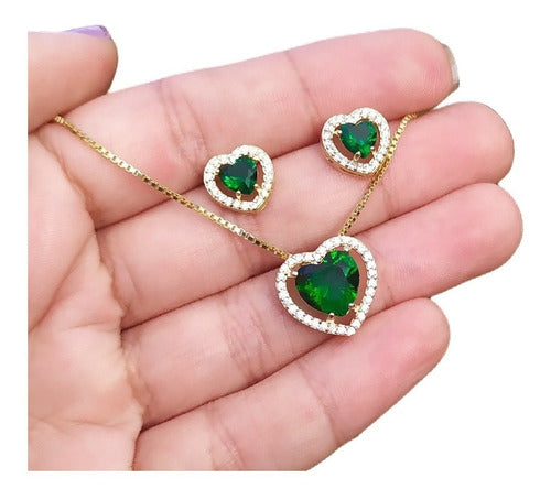 Conjunto Colar E Brinco Coração Pedra Zirconia Preto Verde