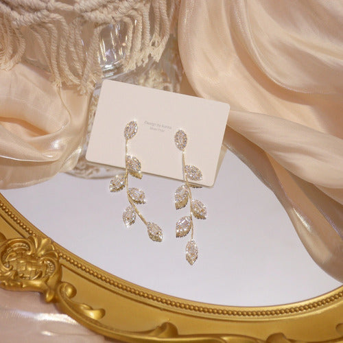 Brinco Noiva Pedra Zirconia Dourado Festa Debutante Folhas