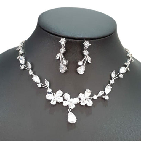 Colar E Brinco Noiva Zircônia Prata Festa Debutante Luxo