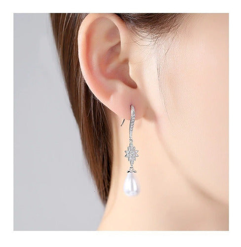 Brinco Perola Noiva Zirconia Pendurado Delicado Festa Prata