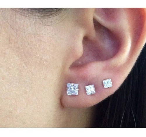 Trio Brinco Pedra Zirconia Quadrado Prata 925 3 4 5 Mm