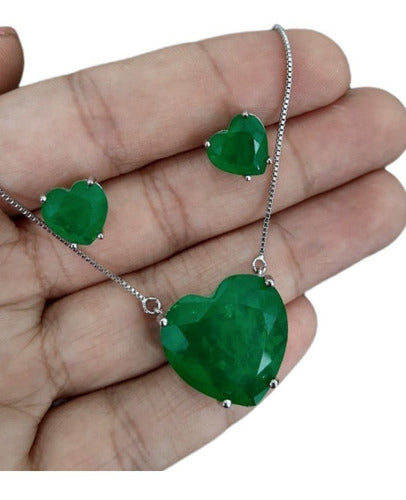Conjunto Colar E Brinco Coração Pedra Zirconia Fusion Verde