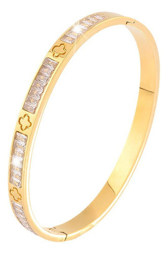 Pulseira Bracelete Dourada Com Pedra Zircônia Trevo Semijoia