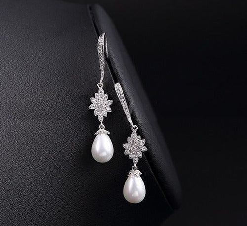 Brinco Perola Noiva Zirconia Pendurado Delicado Festa Prata